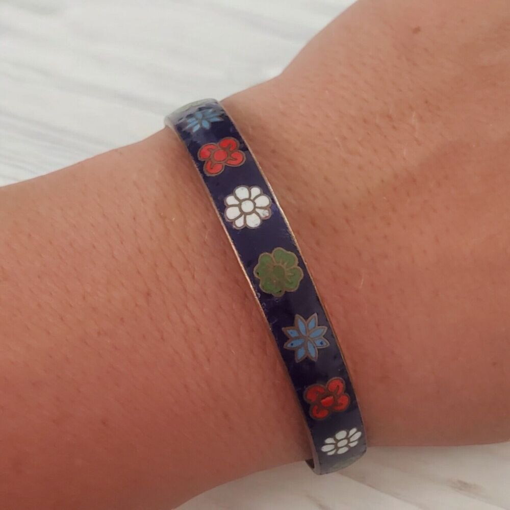 Vintage Brass Cloisonne Bangle Bracelet Blue Enamel Floral
